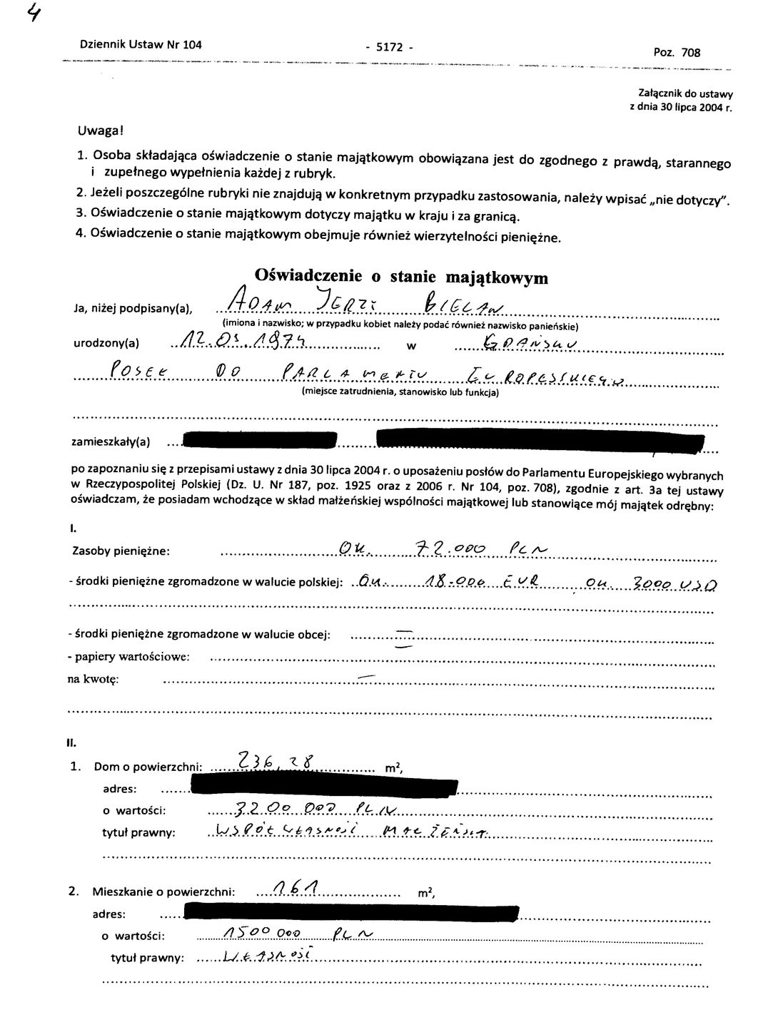 Oświadczenie majątkowe Adama Bielana