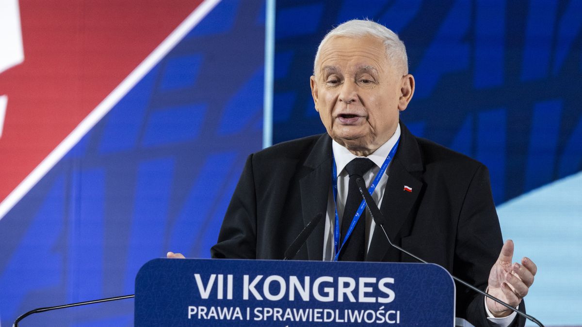 Jaroslaw Kaczynski speaks during the 7th Law and Justice Party Congress at which he was elected party president for the seventh consecutive time, in Przysucha, Poland, June 28, 2025. (Photo by Andrzej Iwanczuk/NurPhoto via Getty Images)