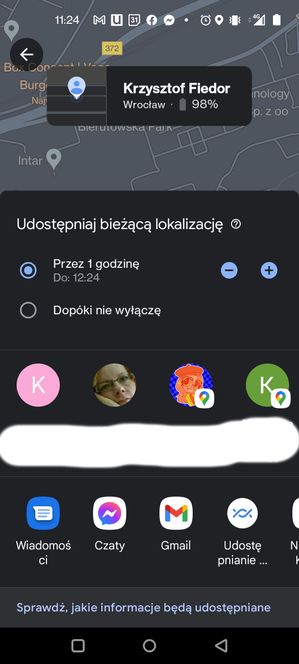 Google Maps: wybieramy osobę i medium, którym wyślemy lokalizację