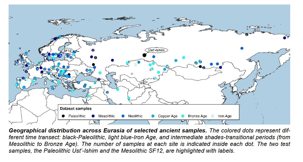 Dystrybucja geograficzna wybranych starożytnych próbek w Eurazji. Kolorowe kropki oznaczają różne linie czasowe: czarny - paleolit, jasnoniebieski - epoka żelaza i odcienie pośrednie - okresy przejściowe (od mezolitu do epoki brązu).