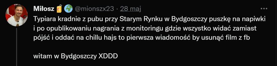 Kradzież puszki z napiwkami w Bydgoszczy