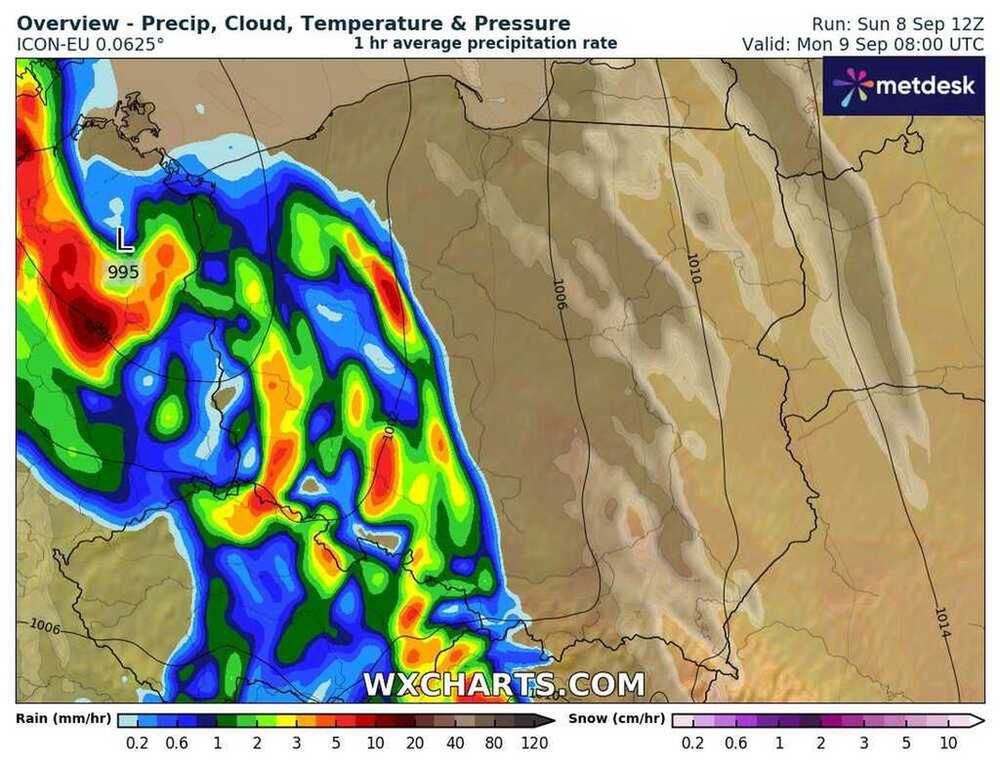 Prognoza zasięgu opadów w Polsce 9 września 2024
