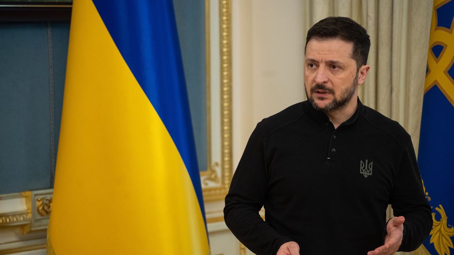 KYIV, UKRAINE - MARCH 28: Ukrainian President Volodymyr Zelenskyy talks about the progress of peace talks, about the monitoring of the ceasefire in the Black Sea and about the minerals deal in Kyiv, Ukraine on March 28, 2025. (Photo by Danylo Antoniuk/Anadolu via Getty Images)