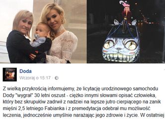 Doda o licytacji dla chorego 2,5 letniego Fabianka: "Wygrał oszust. Bez skrupułów zadrwił z nadziei"