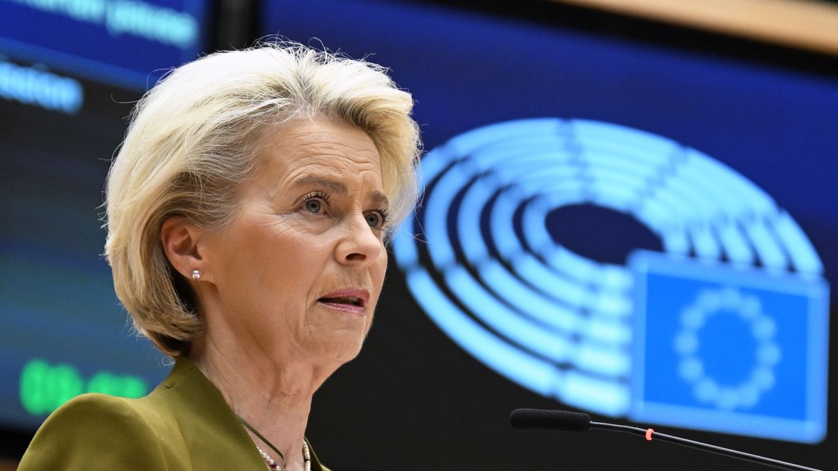 BRUSSELS, BELGIUM - NOVEMBER 08: EU Commission President Ursula von der Leyen speaks at session of European Parliament General Assembly in Brussels, Belgium on November 08, 2023. (Photo by Dursun Aydemir/Anadolu via Getty Images)
