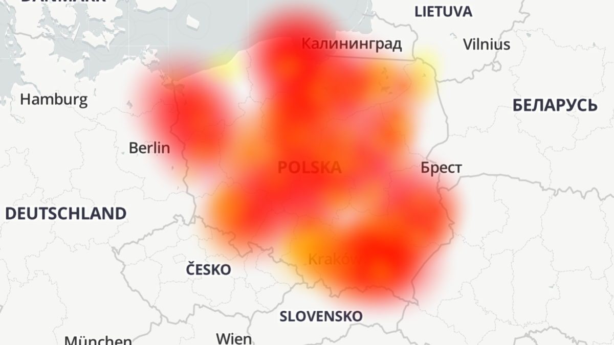 Problemy z internerem Multimedia Polska występują w całym kraju, źródło: downdetector