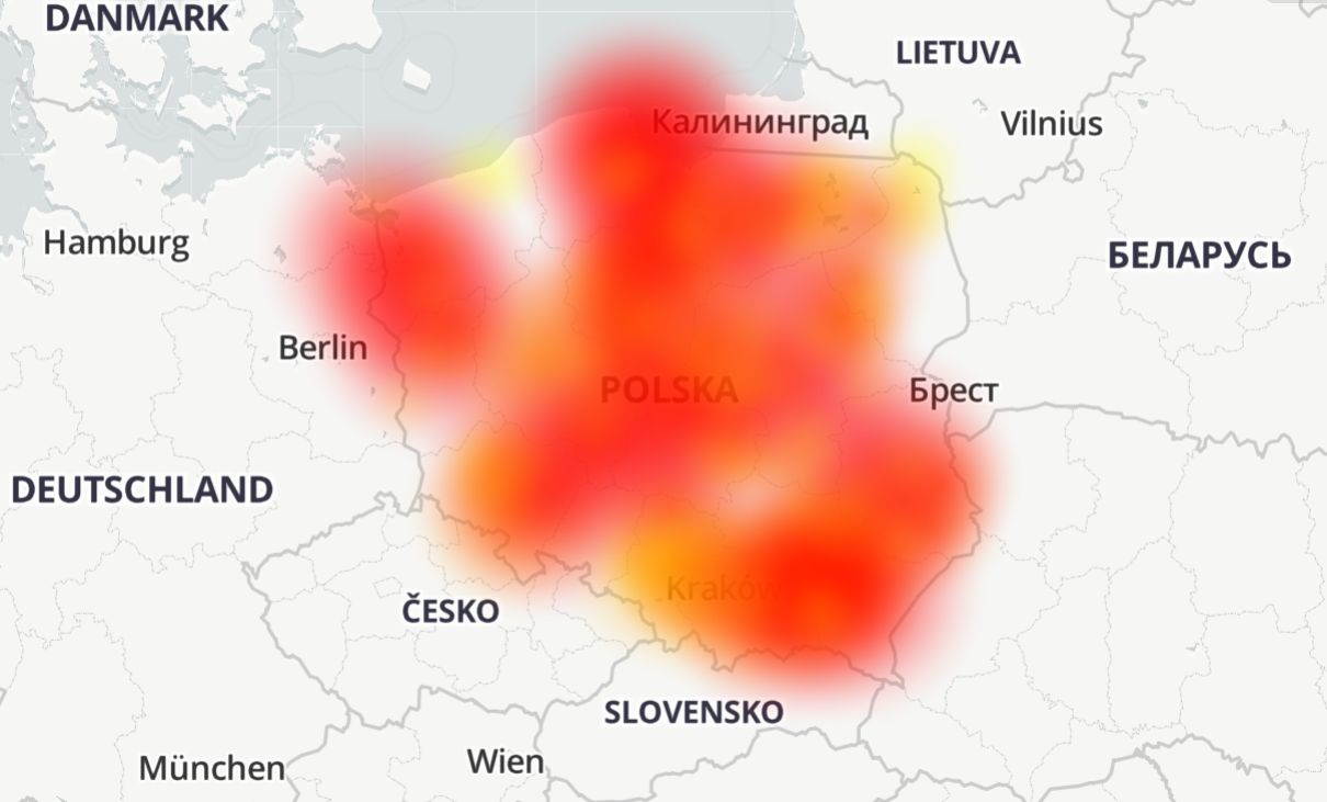 Problemy z internerem Multimedia Polska występują w całym kraju, źródło: downdetector