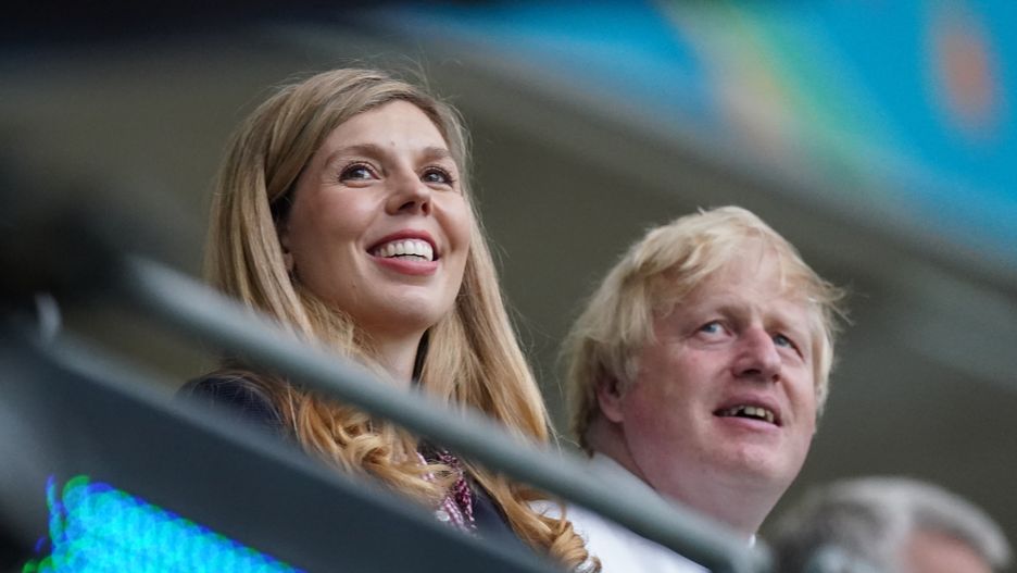 Prime Minister Boris Johnson and Carrie Johnson during the UEFA Euro 2020 Final at Wembley Stadium, London. Picture date: Sunday July 11, 2021. (Photo by Mike Egerton/PA Images via Getty Images)
