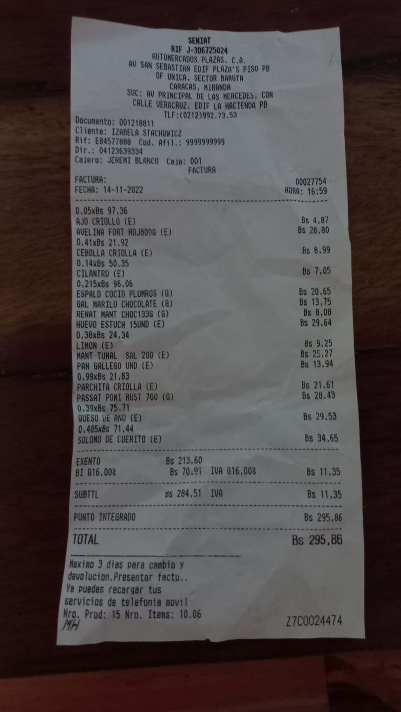 Rachunek za zakupy spożywcze w Wenezueli na 