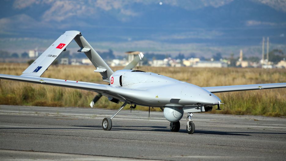 UNSPECIFIED - DECEMBER 16: The first Turkish military drone lands at Gecitkale Airport, on December 16, 2019. Bayraktar TB2 armed unmanned aerial vehicles, stationed at Naval Air Base Command in Turkey's Aegean district of Dalaman, landed in TRNC at 10 a.m. (0700GMT) following a green light from the government of the country. (Photo by Muhammed Enes Yildirim/Anadolu Agency via Getty Images)