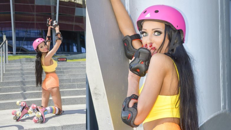 Małgorzata Godlewska na wrotkach pod Szpitalem Narodowym