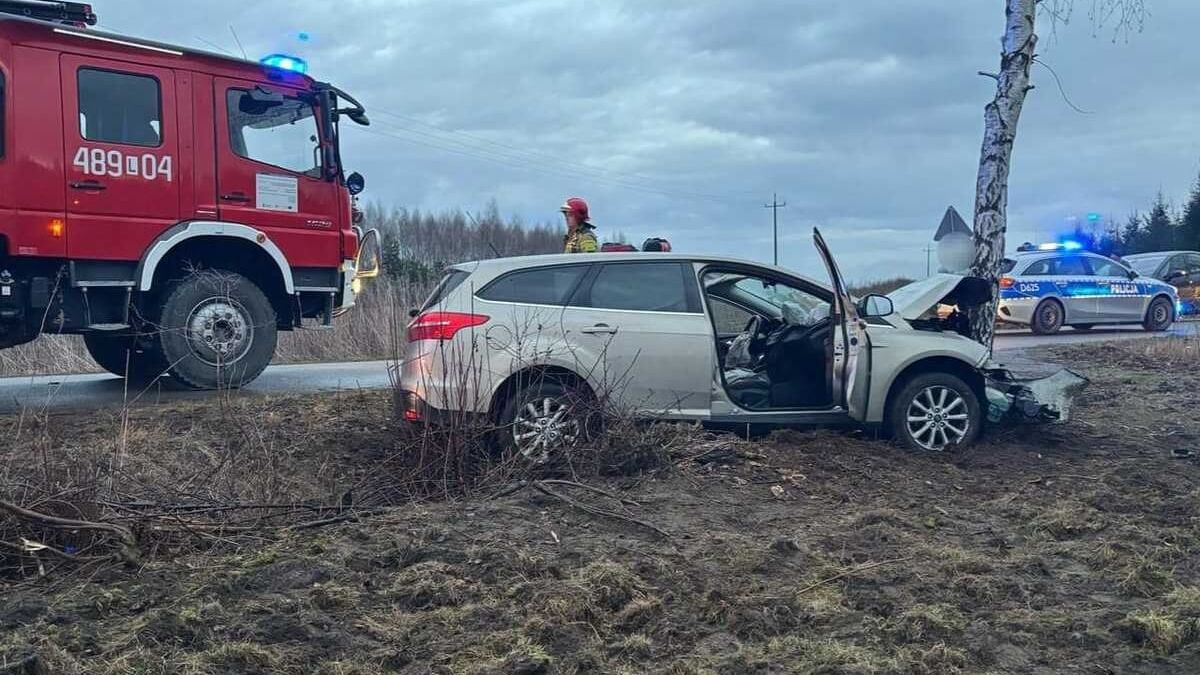 Samochód wypadł z drogi i uderzył w drzewo