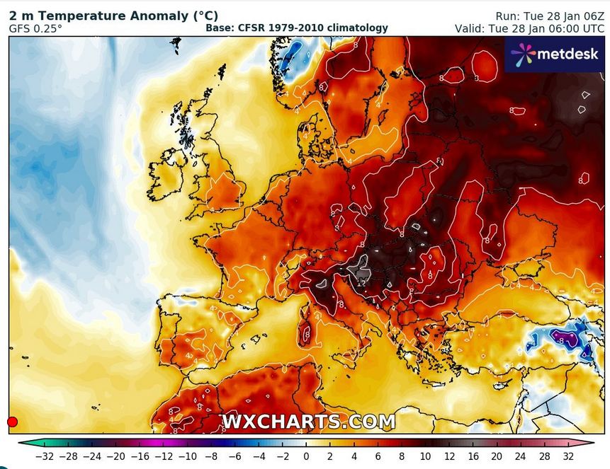 Anomalie w temperaturze 28 stycznia