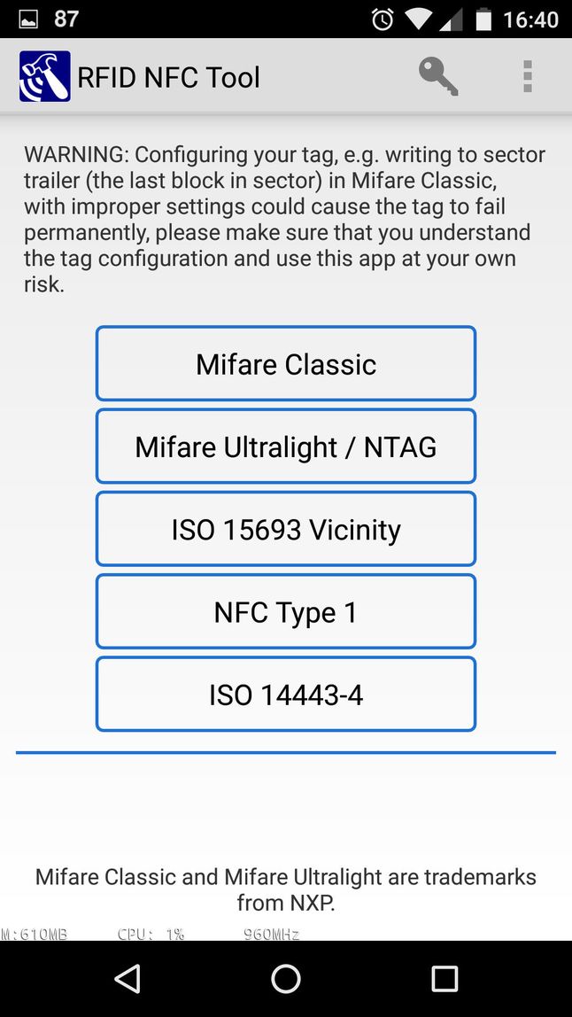 Ekran główny aplikacji RFID NFC Tool