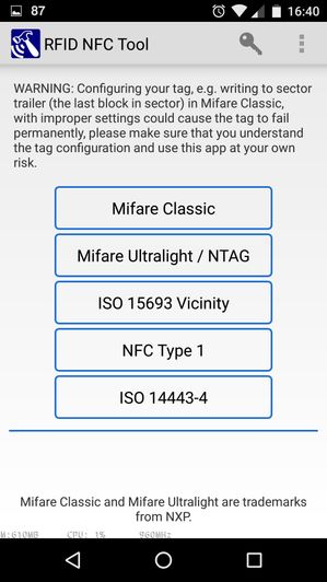 Ekran główny aplikacji RFID NFC Tool