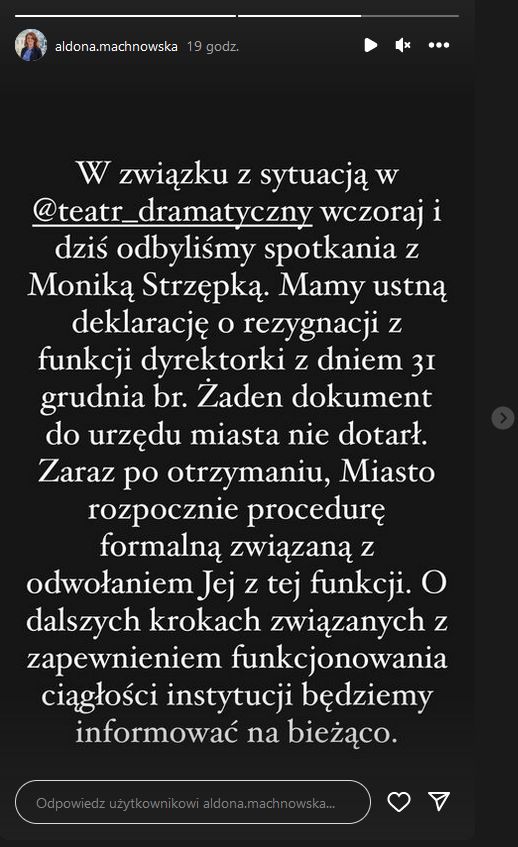 Informację ws. Moniki Strzępki przekazała Aldona Machnowska-Góra ze stołecznego ratusza 