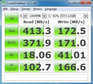 Wyniki wydajności standardowego dysku ssd (Kingston V300+ 120GB)