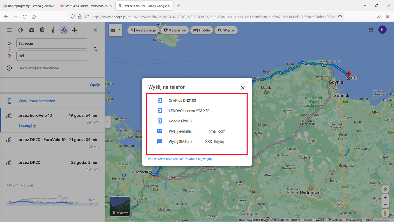 Google Maps: dostępne urządzenia na koncie Google