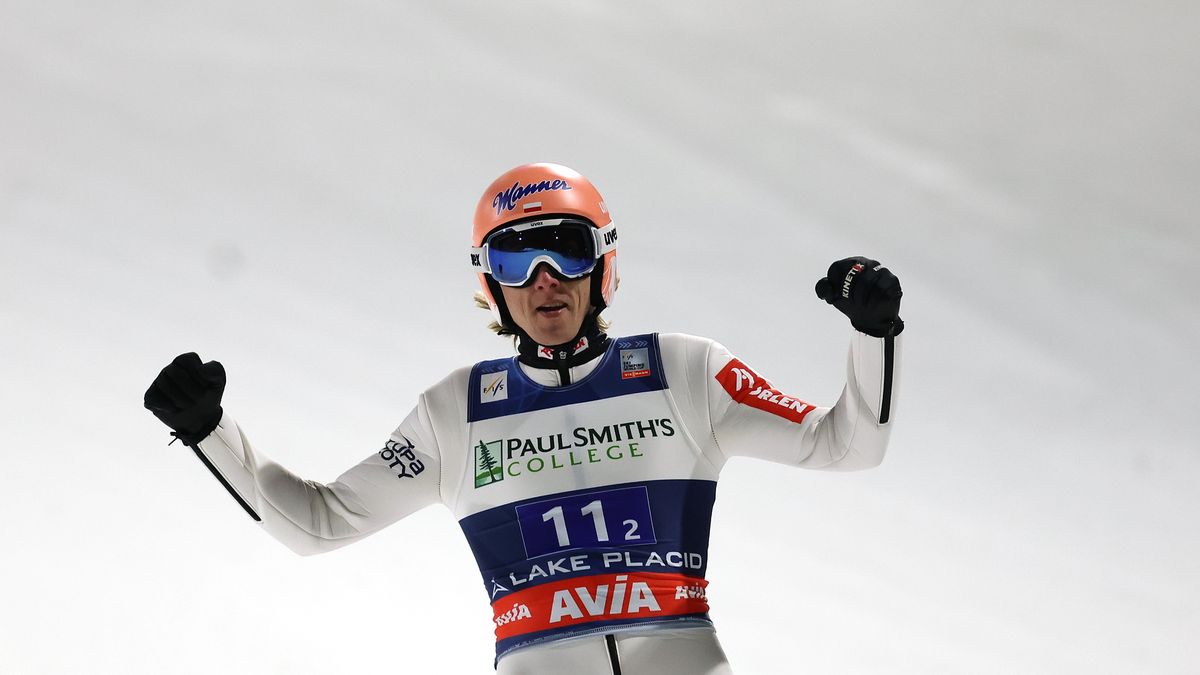LAKE PLACID, NEW YORK - FEBRUARY 11:  Dawid Kubacki of Poland celebrates after his jump  during the Mens Large Hill Super Team competition during Day 2 the Viessmann FIS Ski Jumping World Cup at Lake Placid Olympic Jumping Complex on February 11, 2023 in Lake Placid, New York. (Photo by Al Bello/Getty Images)