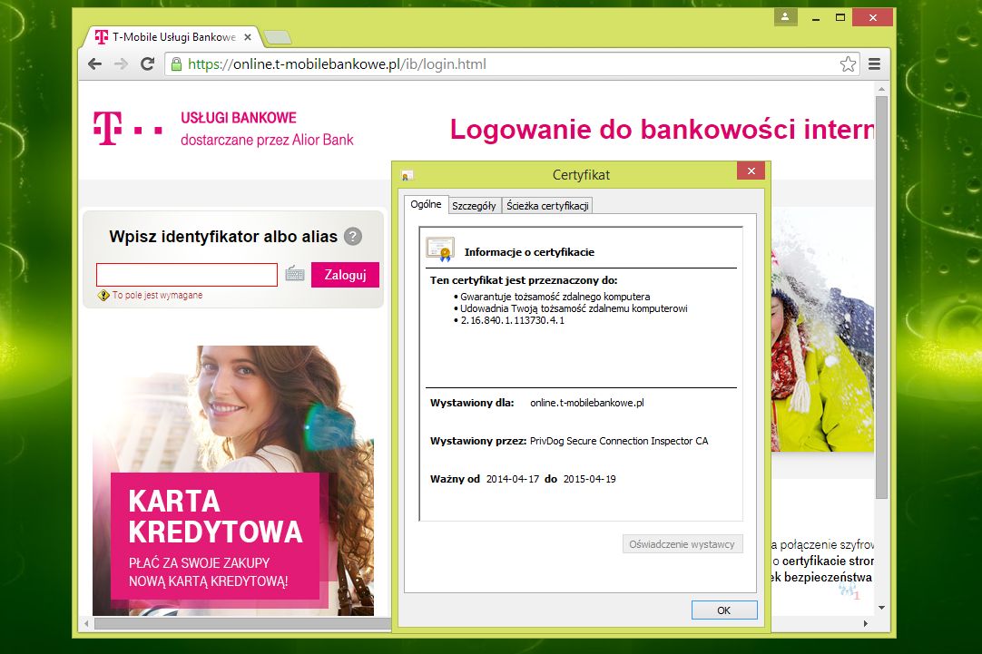 Efekt działania PrivDog: zmieniony certyfikat główny