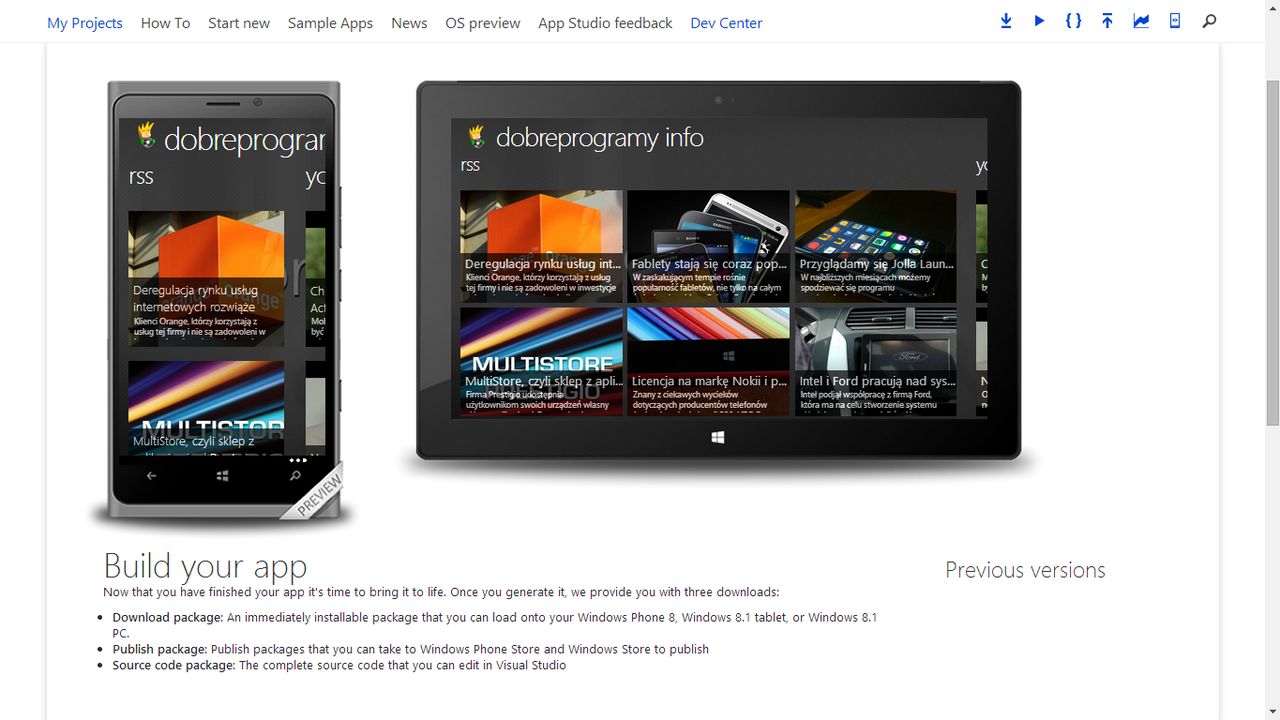 „dobreprogramy info” na Windows Phone 8.0/8.1 i Windows 8.1, czyli jak „wyklikać” własną aplikację w AppStudio