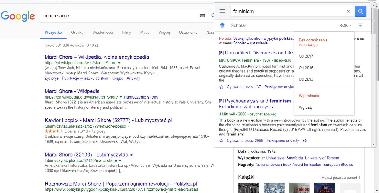 Widok rozszerzenia Google Scholar z rozwiniętym paskiem jednego z filtrów.