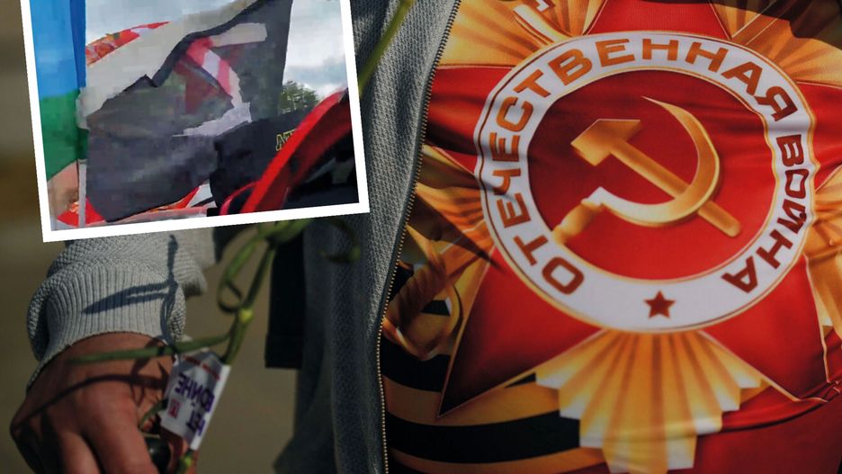 Flagi z symbolem "Z" i kwiaty przed pomnikami radzieckimi we wschodnich Niemczech
