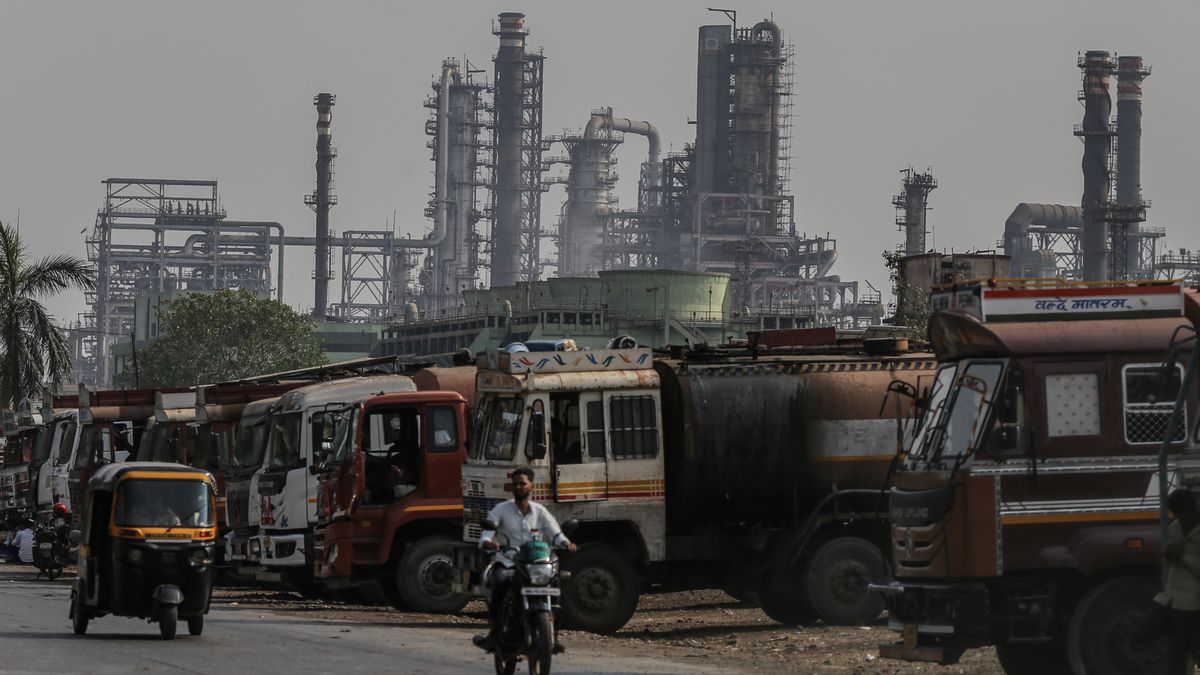 Oil tanker trucks outside an oil refinery operated by Bharat Petroleum Corp. Ltd., in Mumbai, India,  on Friday, April 4, 2025. Indian refiners have rushed back to the market to seek crude supply after President Donald Trump's threat of more penalties against Russia raised concerns over potential disruptions to oil flows. Photographer: Dhiraj Singh/Bloomberg via Getty Images
