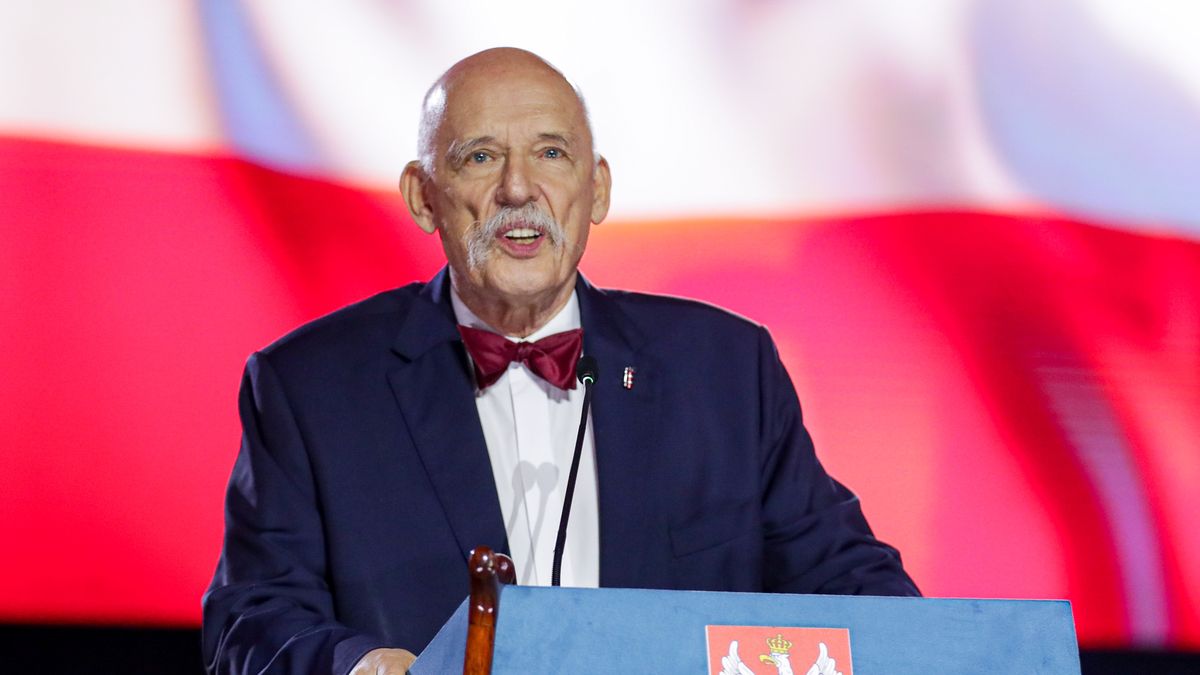 KRAKOW, MALOPOLSKIE, POLAND - 2025/04/12: Janusz Korwin-Mikke, former MP and longtime leader of Poland's libertarian and right-wing movements, seen during Grzegorz Braun's preasidential rally. Polish far-right presidential candidate Grzegorz Braun held a campaign rally in Krakow ahead of the presidential elections scheduled for 18 May 2025. (Photo by Grzegorz Wajda/SOPA Images/LightRocket via Getty Images)