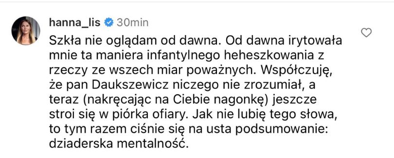 Hanna Lis komentuje post Piotra Jaconia i uderza w Daukszewicza
