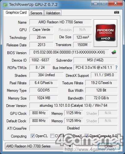 MSI Radeon HD 7730 karta graficzna specyfikacja GPU-Z zrzut ekranu
