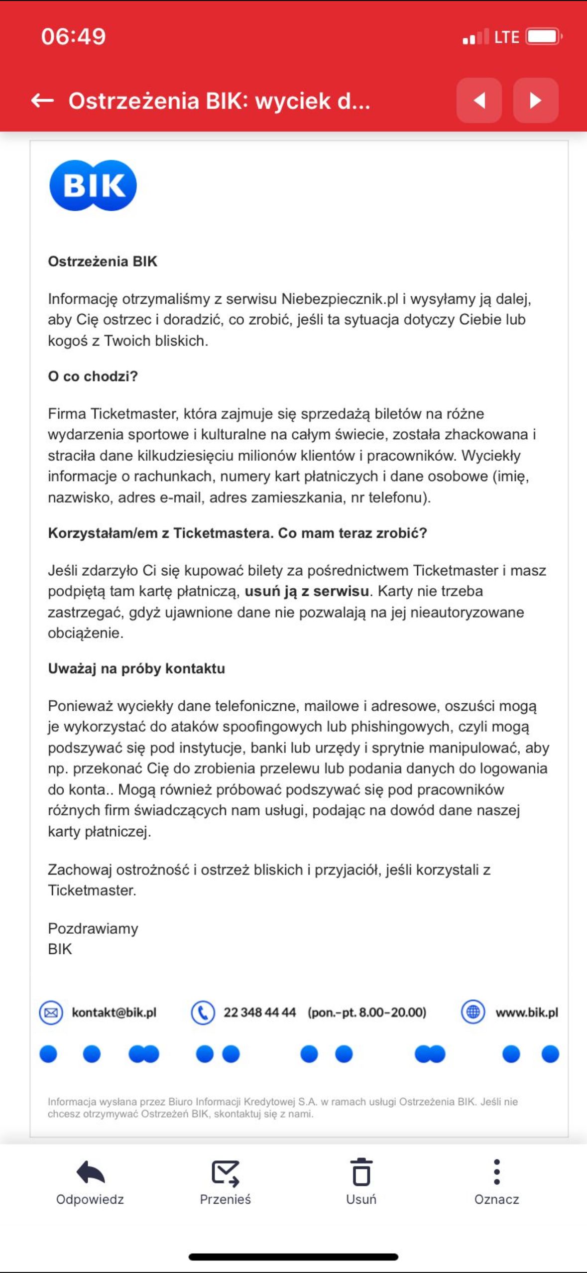 Ostrzeżenie BIK - wyciek Ticketmaster