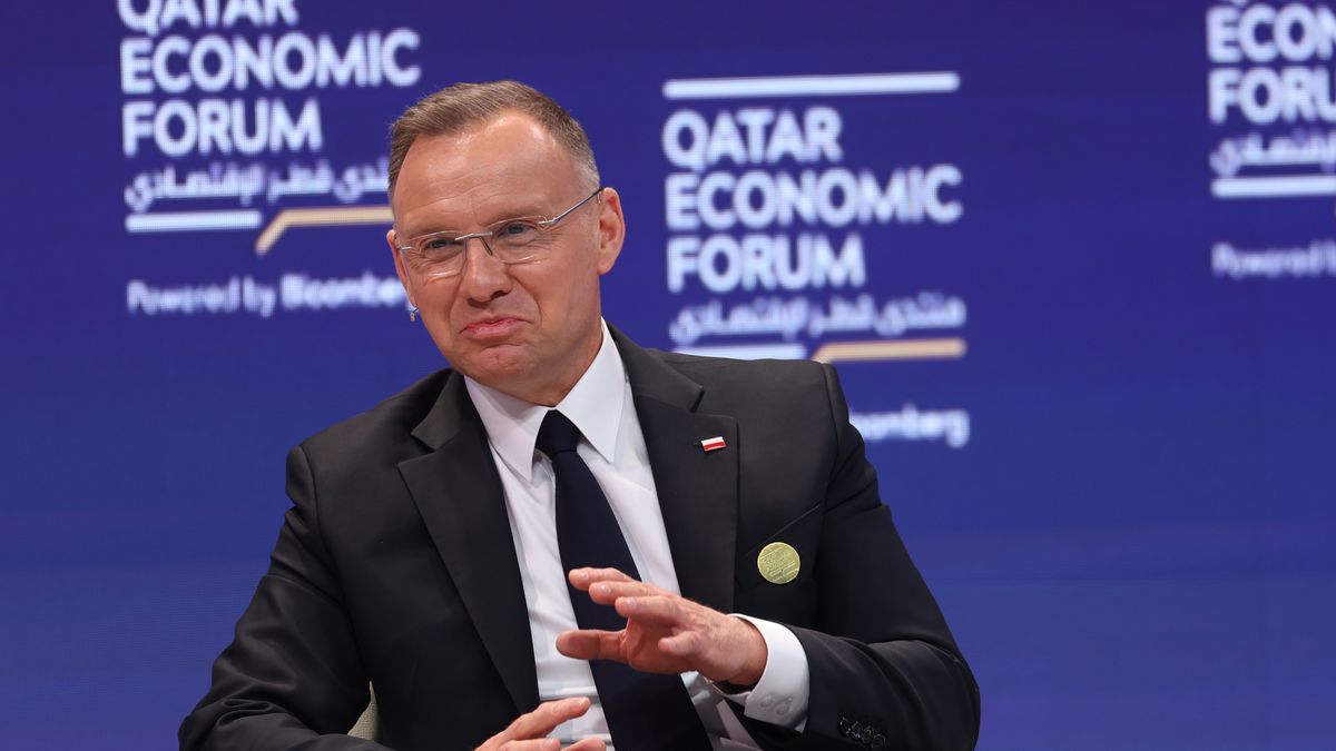 Andrzej Duda, Poland's president, at the Qatar Economic Forum (QEF) in Doha, Qatar, on Tuesday, May 14, 2024. More than 1,000 corporate and government leaders arrive in Qatar this week for an economic gathering in a city to which all roads have led over the past year. Photographer: Christopher Pike/Bloomberg via Getty Images