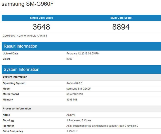 Galaxy S9 z Exynosem 9810 w bazie Geekbench