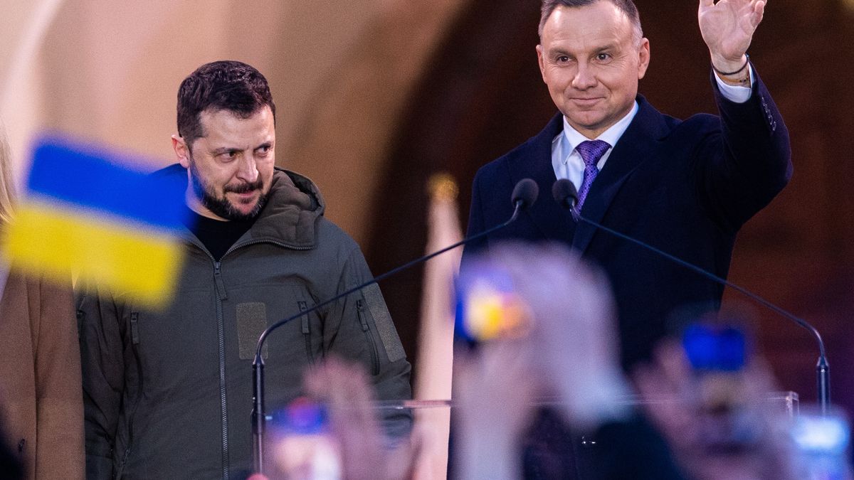Ukrainian President Volodymyr Zelenskyy  and Poland President Andrzej Duda  after delivering speeches in Warsaw , Poland, Wednesday, April 5, 2023

NO USE POLAND (Photo by Foto Olimpik/NurPhoto via Getty Images)