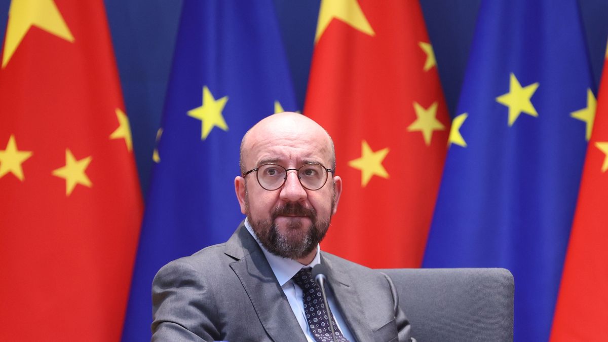 Charles Michel, president of the European Council, during an EU-China summit via video conference at the EU Council headquarters in Brussels, Belgium, on Friday, April 1, 2022. European Union leaders plan to tell President Xi Jinping that China will hurt its global stature if it hands Russia an economic or military lifeline, a pointed message that will test Beijings commitment to keep the war from damaging its ties with Brussels. Photographer: Dursun Aydemir/Anadolu/Bloomberg via Getty Images