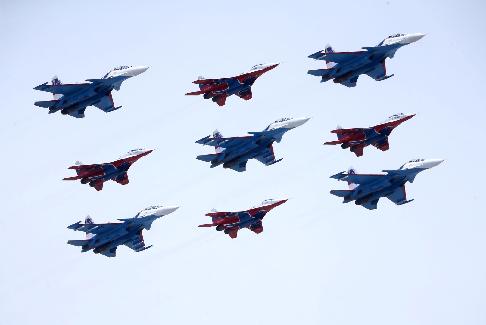 MOSCOW, RUSSIA - MAY 9 (RUSSIA OUT) Russian Sukhoi SU-35 and MIG-29 military jets flight over the Red Square during the Victory Day parade, May 9, 2024, in Moscow, Russia. The Red Square parade drew 9,000 military participants, including about 1,000 taking part in the invasion of Ukraine, as well as some 75 military vehicles. (Photo by Contributor/Getty Images)