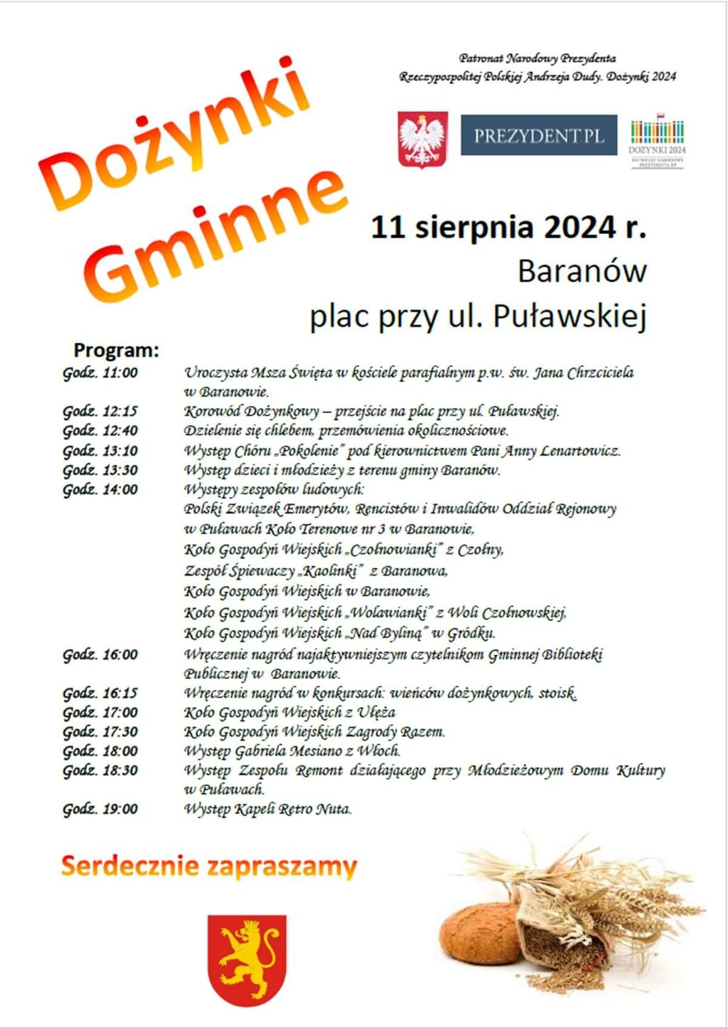 Dożynki w Baranowie - plakat, program wydarzenia