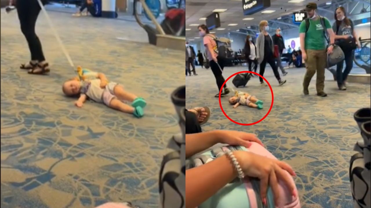 Kobieta ciągnęła dziecko na smyczy przez lotnisko