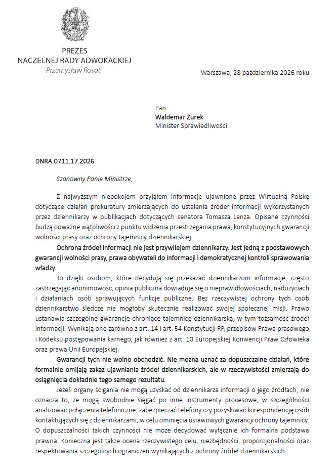 Prezes Naczelnej Rady Adwokackiej apeluje do ministra Waldemara Żurka w sprawie opisanej przez WP