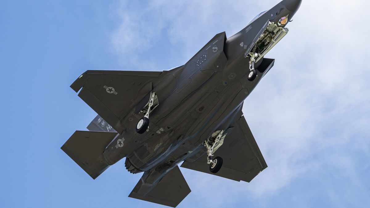 OKINAWA, JAPAN - JULY 09: The F-35A fighter in a flight training at the Kadena Air Force Base on July 9, 2025 in Okinawa Prefecture, Japan. (Photo by Qin Zhicheng/VCG via Getty Images)