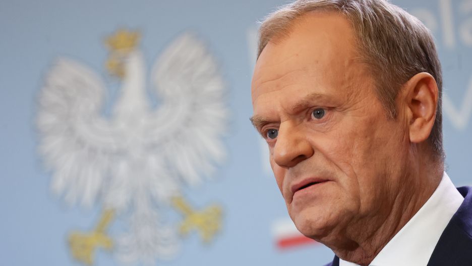 WARSAW, POLAND - APRIL 15: Polish Prime Minister Donald Tusk and Danish Prime Minister Mette Frederiksen (not seen) hold a joint press conference after their meeting in Warsaw, Poland on April 15, 2024. (Photo by Jakub Porzycki/Anadolu via Getty Images)