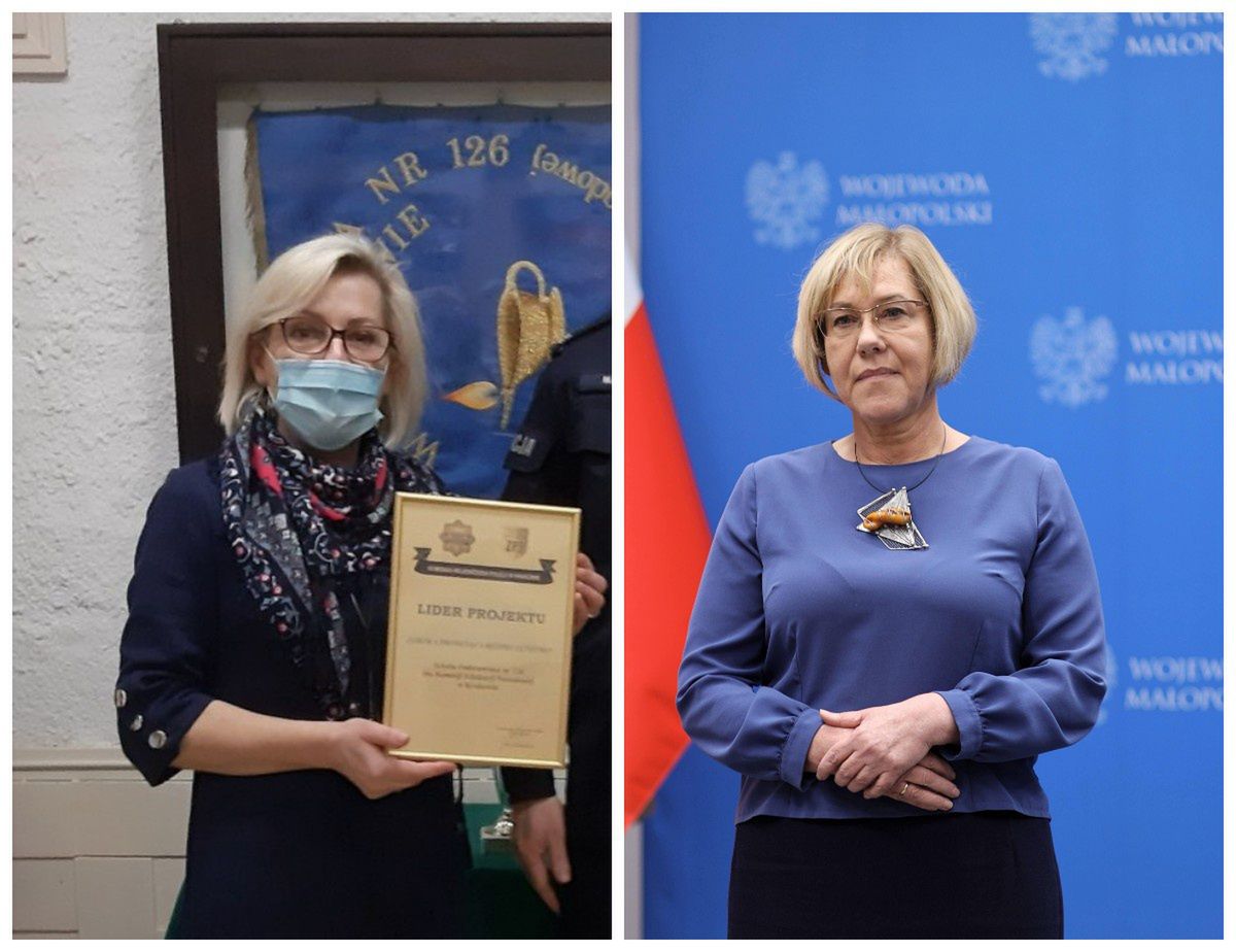 Na zdjęciu po lewej Małgorzata Dobrucka odbiera nagrodę dla "Szkoły Promującej Bezpieczeństwo". Po prawej Barbara Nowak 