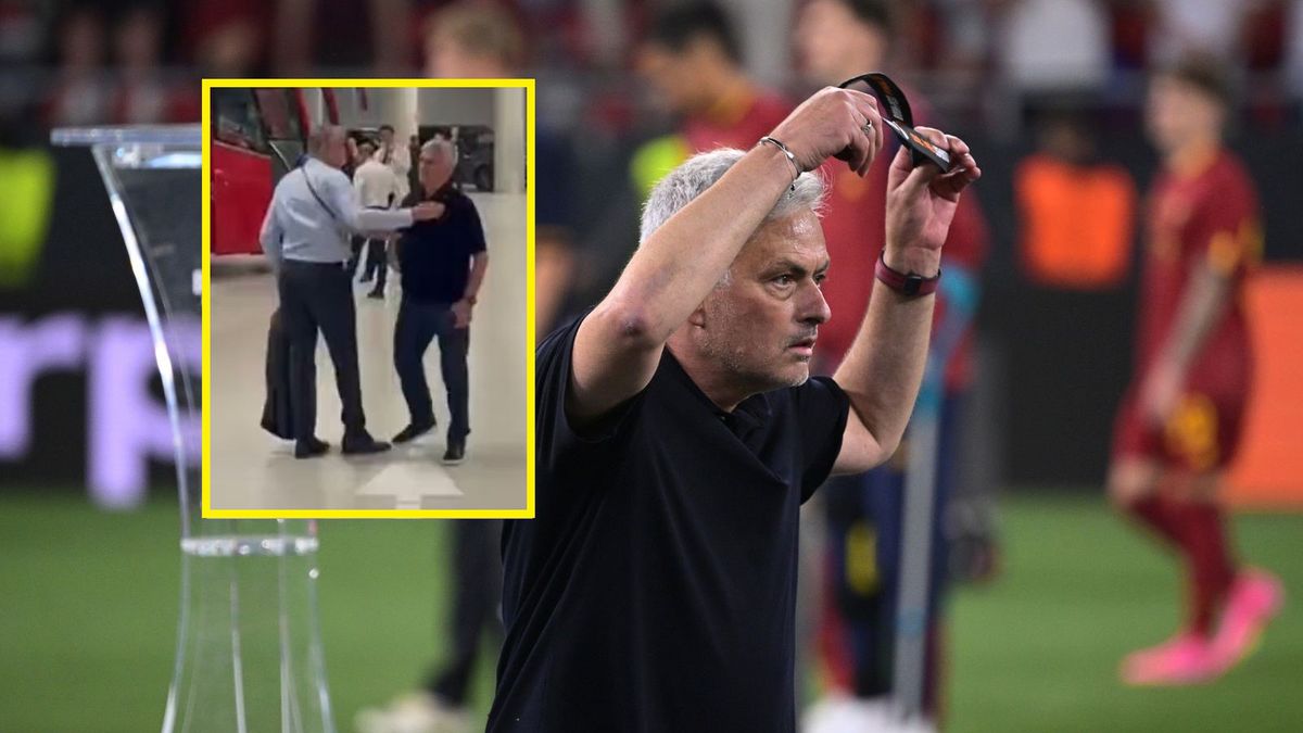 Zdjęcie okładkowe artykułu: Getty Images /  Mattia Ozbot / Twitter/tvdellosport / Na zdjęciu: Jose Mourinho zdejmuje medal po finale Ligi Europy; na małym zdjęciu: Jose Mourinho na podziemnym parkingu