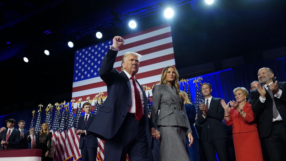 WEST PALM BEACH, FL - NOVEMBER 6: Republican presidential candidate Donald Trump raises his fist as he leaves the stage after an election night party at the Palm Beach County Convention Center in West Palm Beach, Florida on November 6, 2024. (Photo by Jabin Botsford/The Washington Post via Getty Images)