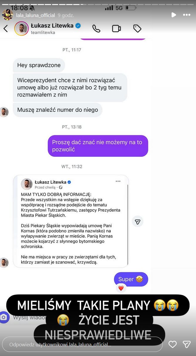 LaLuna pokazała wiadomości od Łukasza Litewki