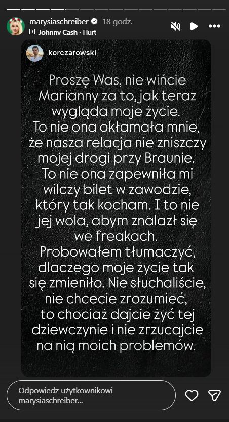 Piotr Korczarowski staje w obronie Marianny Schreiber