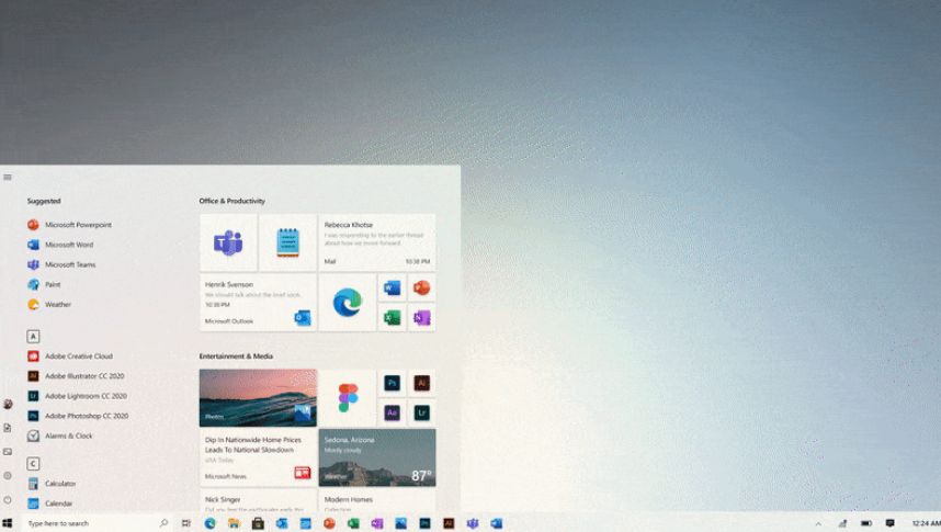 Sugerowany wygląd menu Start w Windows 10, źródło: Windows Latest / Microsoft.