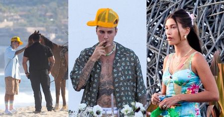 Zrelaksowany Justin Bieber głaszcze konia i pali cygaro na luksusowym urlopie z Hailey Bieber (ZDJĘCIA)