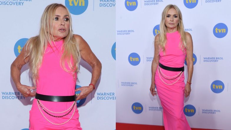 Różowa Monika Olejnik na platformach spogląda ku fotoreporterom na ramówce TVN. IKONA stylu? 